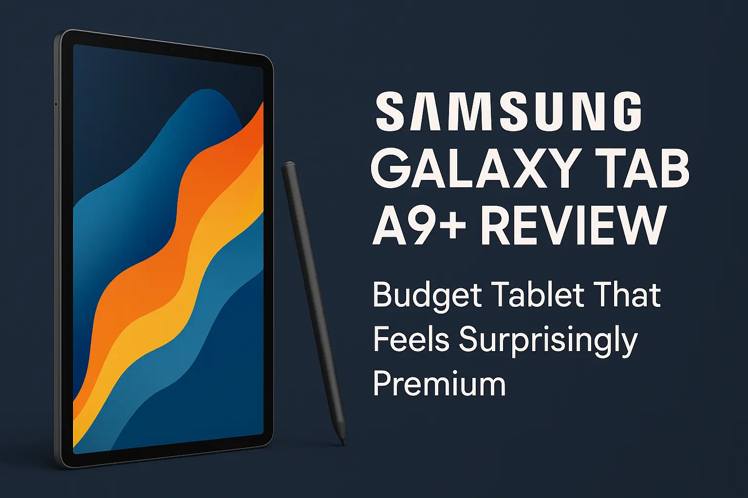 Samsung Galaxy Tab A9+ with stylus and review title on dark background