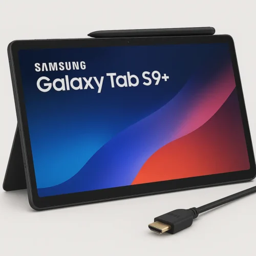 Samsung Galaxy Tab S9+ tablet with USB-C to HDMI cable and S Pen