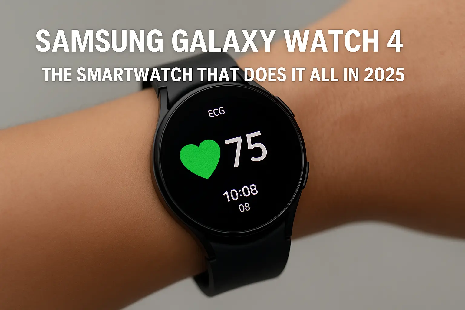 Samsung Galaxy Watch 4 displaying heart rate and ECG data, with sleek black aluminum design.