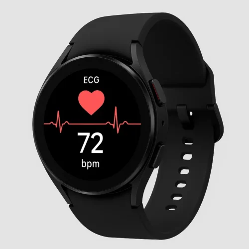 Samsung Galaxy Watch 4 displaying heart rate and ECG data with a sleek black body and high-resolution display, set against a neutral gray backdrop
