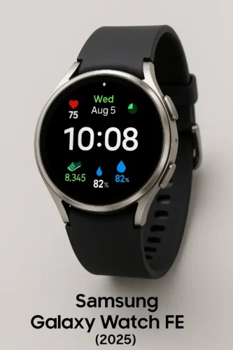 amsung Galaxy Watch FE 2025 with silver case and black strap showing health stats – senior-friendly Android smartwatch