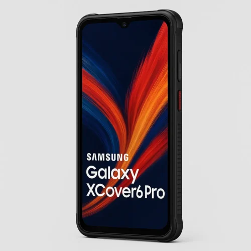 "Samsung Galaxy XCover6 Pro rugged smartphone with black textured frame and red side button, standing upright on neutral gray background