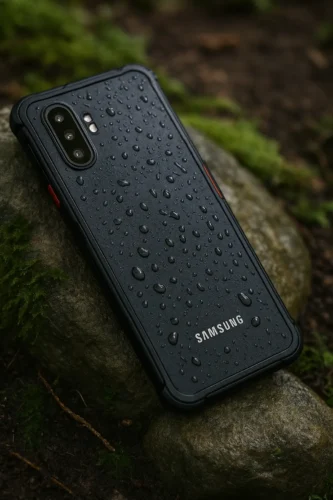 Samsung Galaxy XCover6 Pro rugged waterproof phone with raindrops, placed on mossy rock outdoors