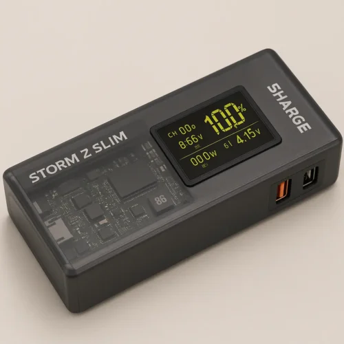 SHARGE Storm 2 Slim best 140W power bank with transparent casing and digital display showing 100%