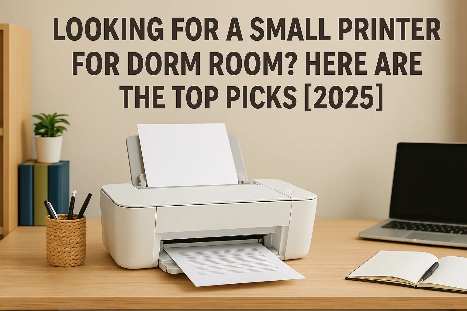 Compact white printer on a dorm desk with laptop and notebook – 2025 guide
