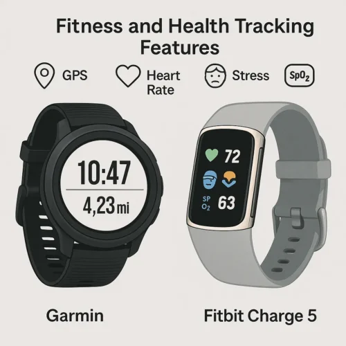 Infographic comparing the fitness and health tracking features of a sporty smartwatch and a fitness tracker