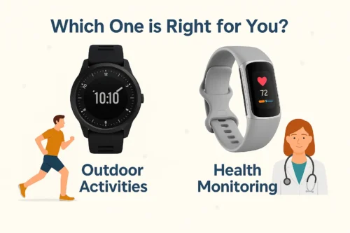 Infographic comparing a sporty smartwatch for outdoor activities and a fitness tracker for health monitoring