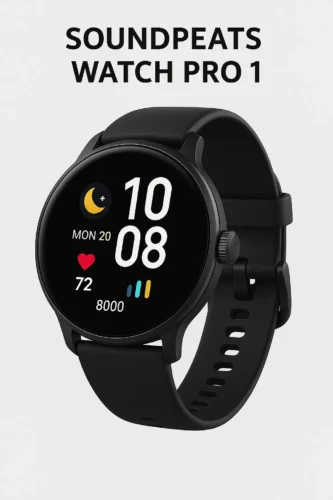 SoundPEATS Watch Pro 1 with round display showing heart rate and steps on black strap
