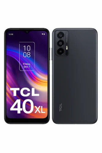 TCL 40 XL smartphone front and back view with triple camera and vivid display