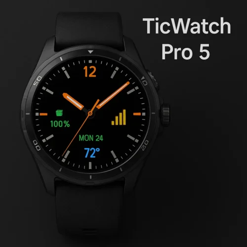 TicWatch Pro 5 smartwatch with rugged design and colorful display showing battery, signal, and weather