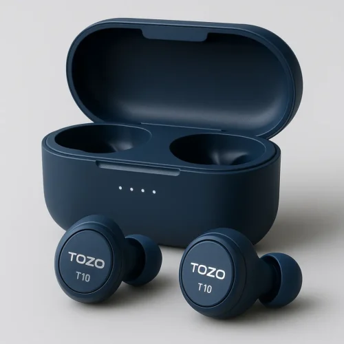 TOZO T10 waterproof true wireless earbuds with open charging case in navy blue