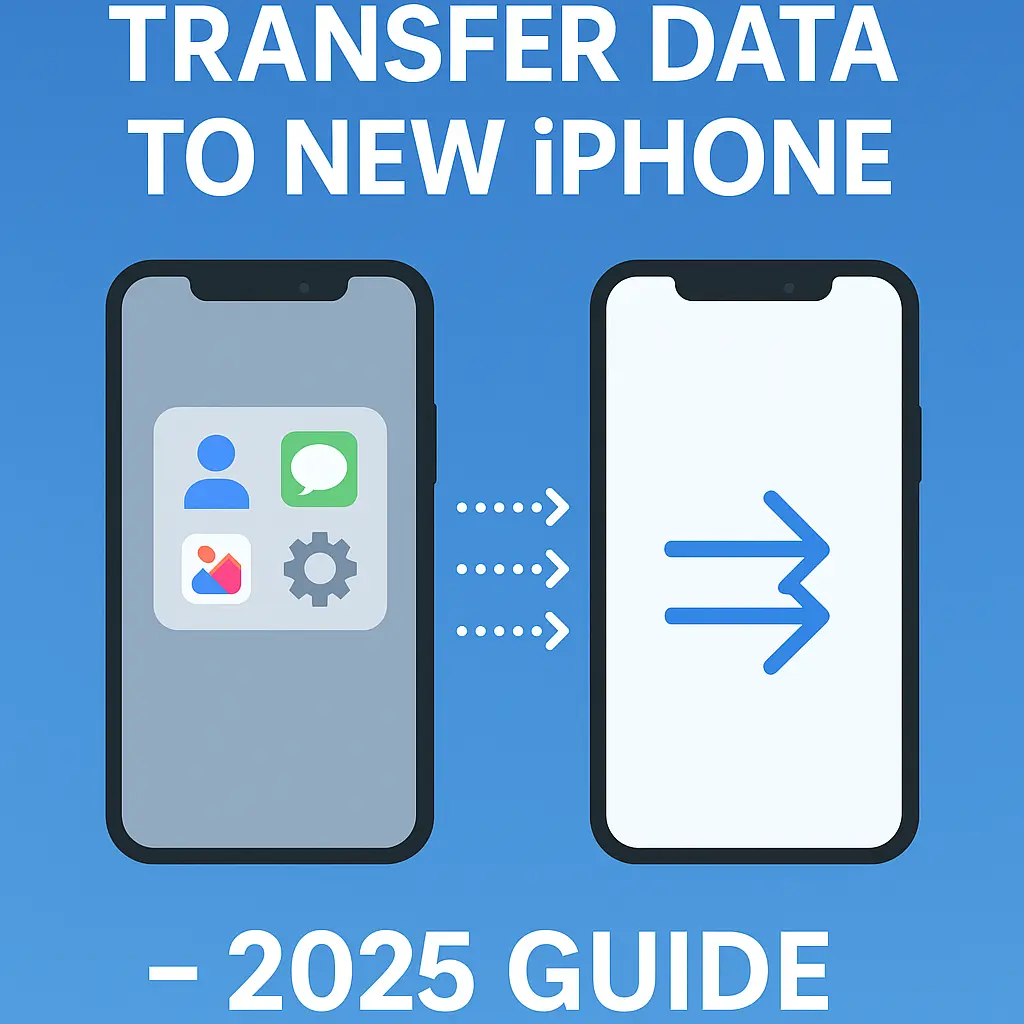 Illustration of data transfer between two iPhones with arrows and app icons
