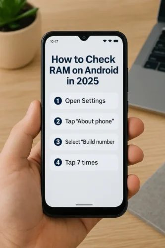 Hand holding Android phone showing steps to check RAM in 2025