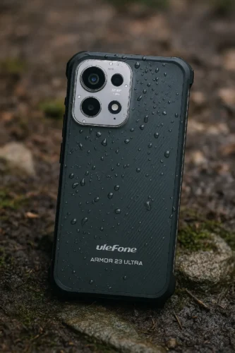 Ulefone Armor 23 Ultra rugged waterproof phone with water droplets on textured back, placed on damp forest ground