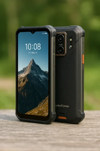 Ulefone Power Armor 18T rugged smartphone with FLIR thermal camera, displayed on wooden surface outdoors with mountain wallpaper