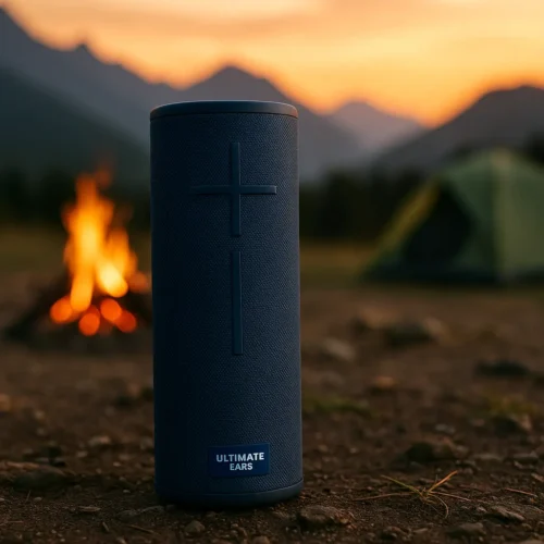 No Power? No Problem! Top Outdoor Bluetooth Speakers with Long Battery Life 10 Ultimate Ears MEGABOOM 3 Bluetooth speaker standing upright on campsite ground with campfire and mountains at sunset
