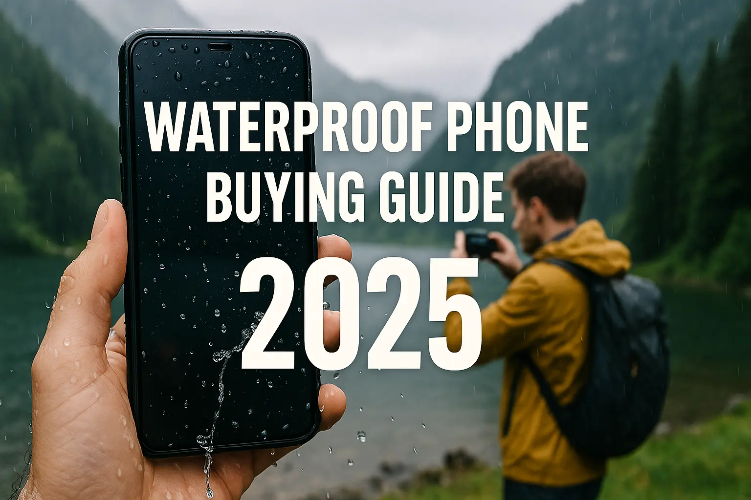 Person holding waterproof smartphone near mountain lake during rain – Waterproof Phone Buying Guide 2025