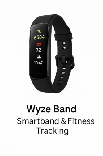 Wyze Band fitness tracker displaying steps, heart rate, and time on AMOLED screen