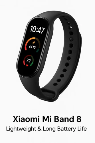 Xiaomi Mi Band 8 fitness tracker with display on, showing step count and heart rate