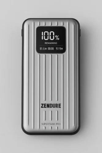 Zendure SuperTank Pro 140W power bank with LCD display and rugged silver design