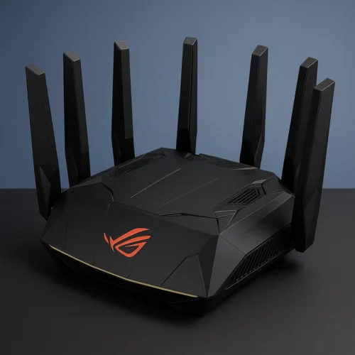 ASUS ROG Rapture GT-BE98 Wi-Fi 7 router with eight antennas, matte black finish, and red ROG logo, placed on a dark surface with a gradient blue background.