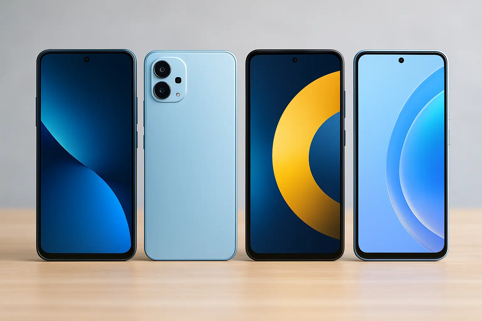 Four modern 5G smartphones under $400 in 2025 displayed on wooden table with vibrant screens
