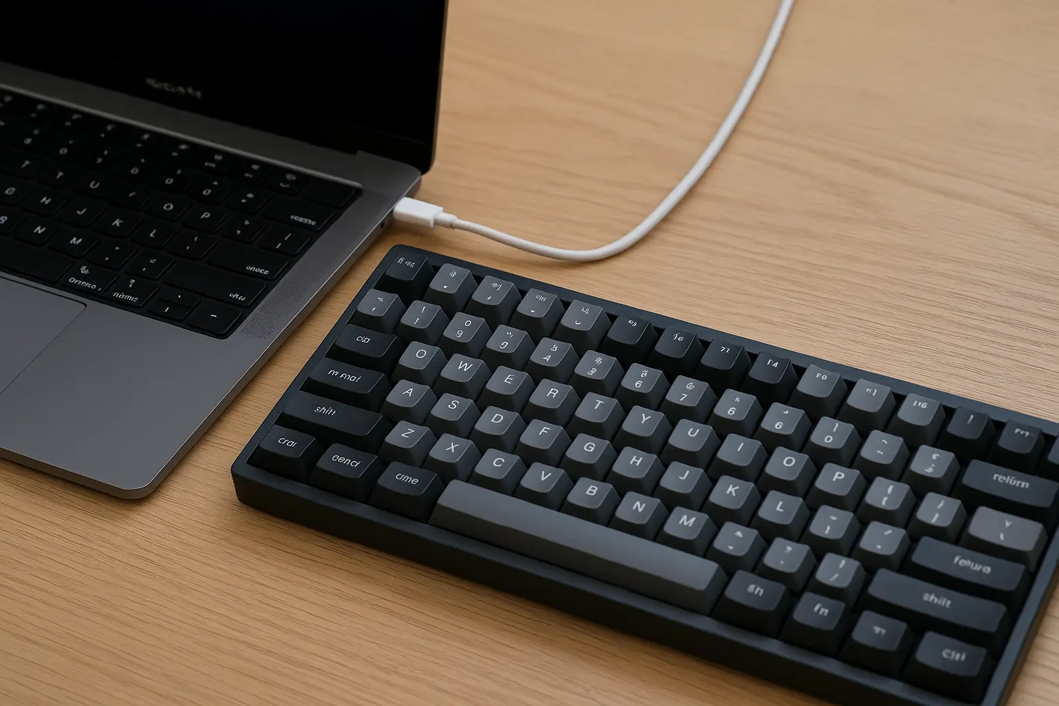 MacBook connected to a compact mechanical keyboard on a wooden desk