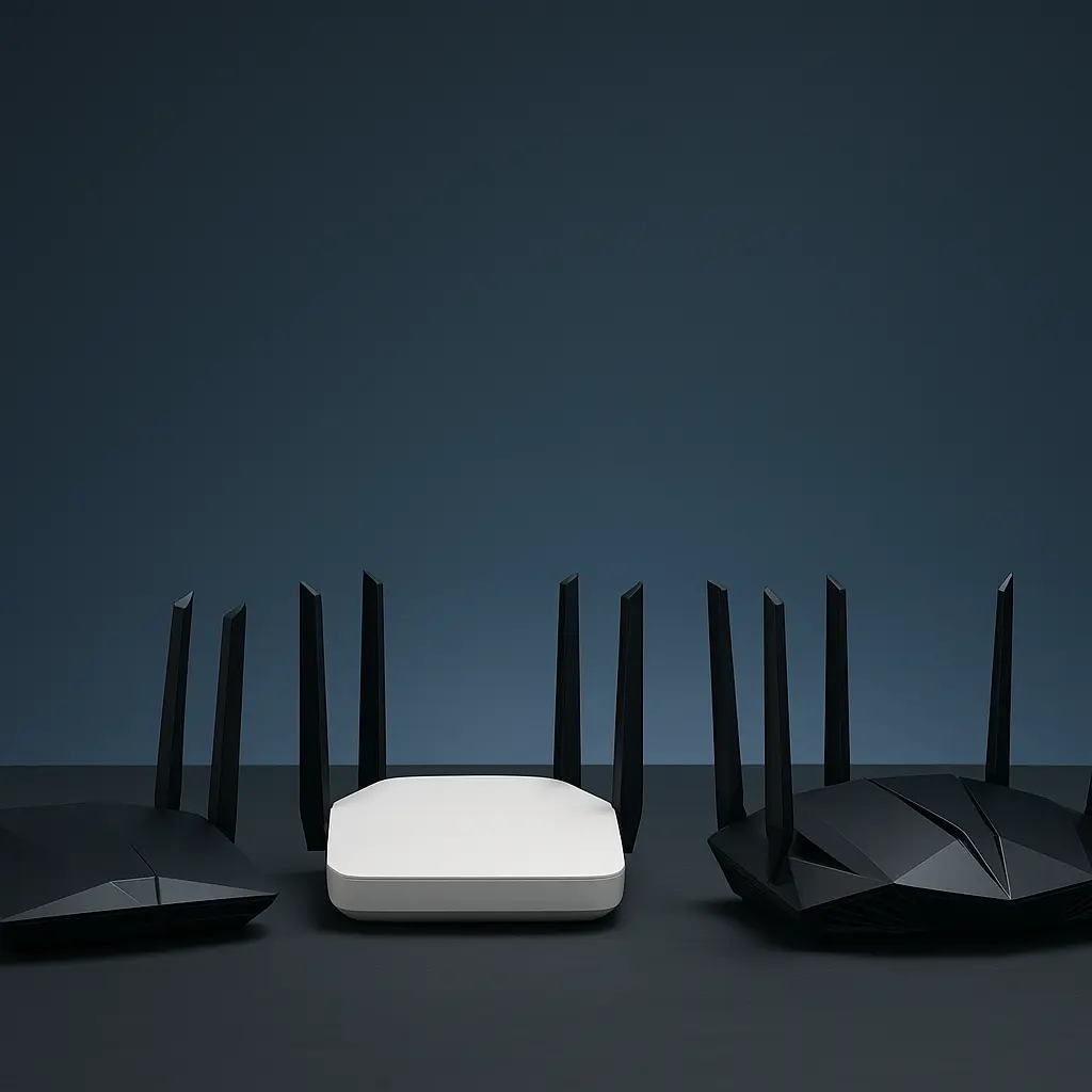 Four modern Wi-Fi 7 routers displayed on a dark surface with a clean blue background, highlighting their sleek design and advanced antenna configurations.