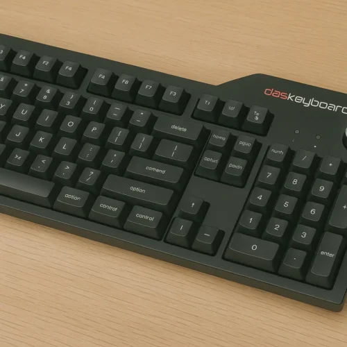 Das Keyboard 4 Professional for Mac with full-size layout and volume knob on wooden desk