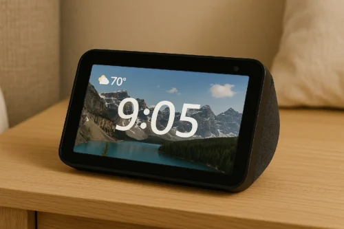 Amazon Echo Show 5 (3rd Gen) displaying time and weather on wooden nightstand