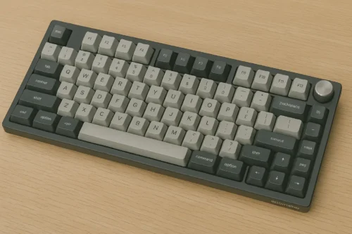 Epomaker TH80 Pro mechanical keyboard with Mac layout and silver knob on wooden desk