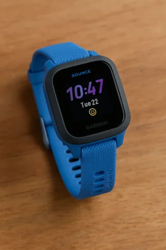Garmin Bounce kids smartwatch with blue strap on a wooden surface – screen showing time and date