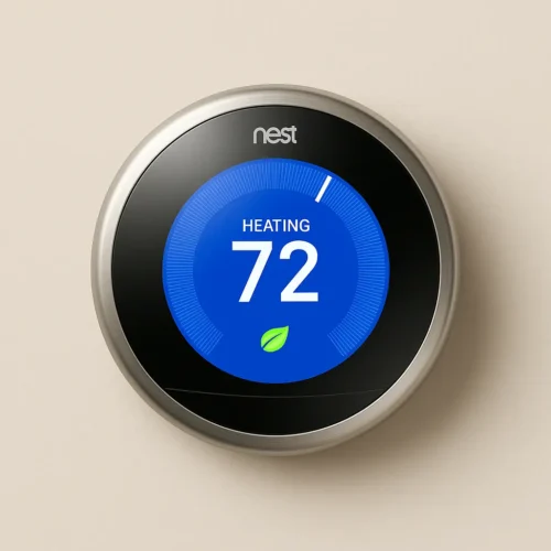 No More Wasted Watts – Smart Thermostats That Actually Save You Money (2025) 9 Nest Learning Thermostat with blue display set to 72°F on beige wall
