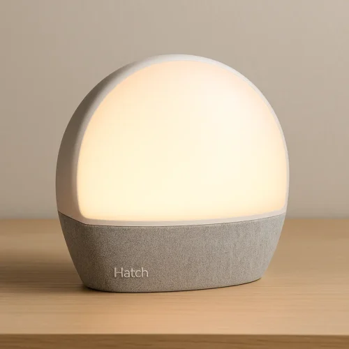 Hatch Restore 2 smart alarm clock with soft sunrise light and gray base on wooden surface