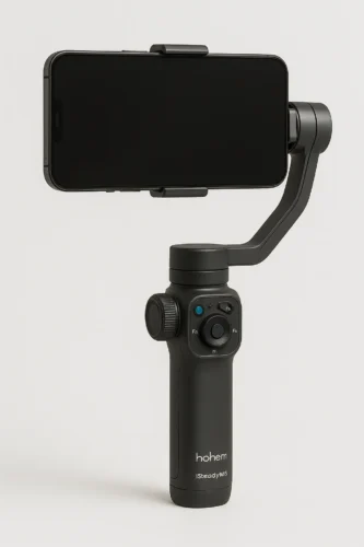 Hohem iSteady M6 gimbal with mounted smartphone in landscape orientation – 2025