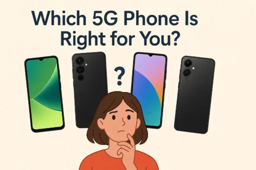 Illustration of a person choosing between four different 5G smartphones with a question mark above