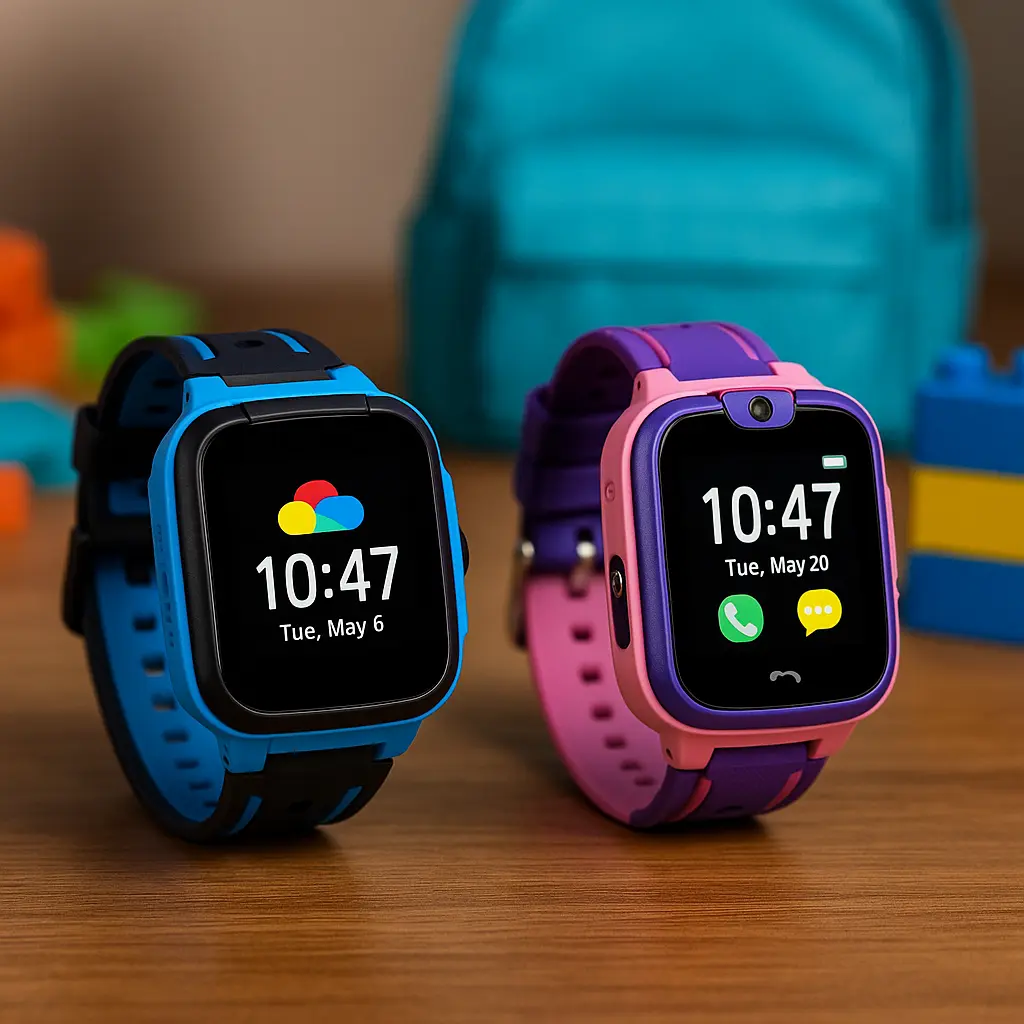 Two colorful kids' smartwatches on a wooden surface with playful background – budget-friendly models 2025