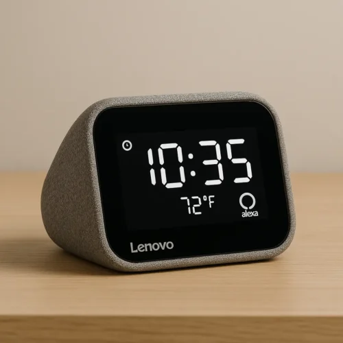 Lenovo Smart Clock Essential with Alexa on a wooden nightstand showing digital time and temperature