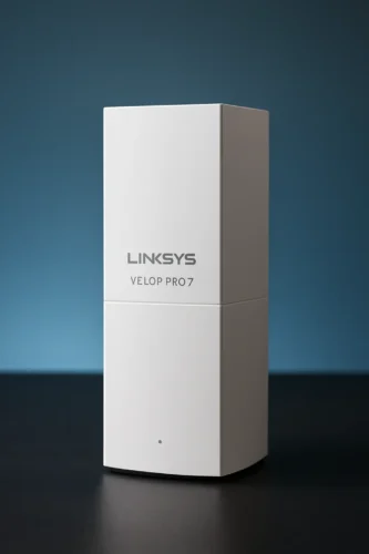 Linksys Velop Pro 7 Wi-Fi 7 router in a tall white rectangular design with minimalistic branding, placed on a dark surface against a gradient blue background