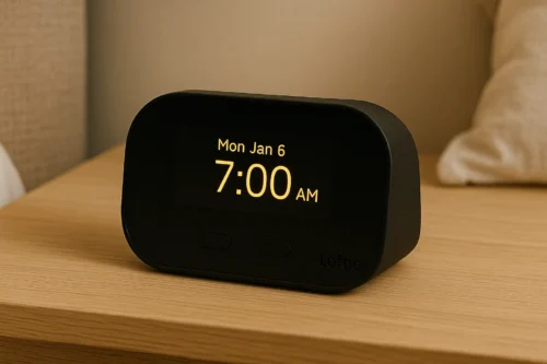 Loftie smart alarm clock with soft yellow digital display on wooden nightstand