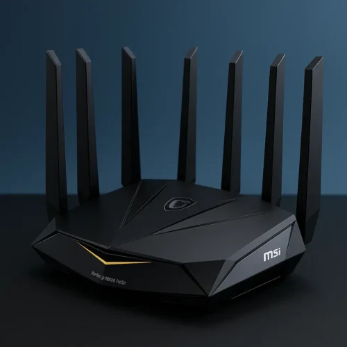 MSI RadiX BE22000 Turbo Wi-Fi 7 router with eight angled antennas, geometric black body, and subtle golden accent, set against a gradient blue background.