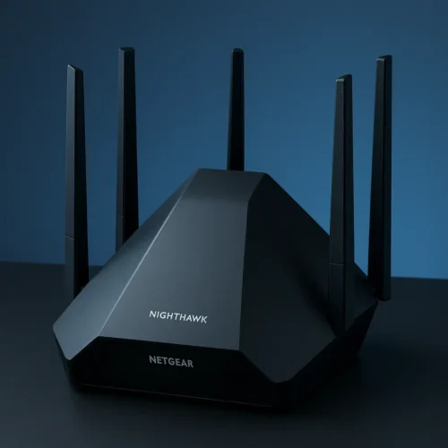 Netgear Nighthawk RS700S Wi-Fi 7 router with a pyramid-shaped design, six vertical antennas, and matte black finish, displayed on a dark surface with a gradient blue background.