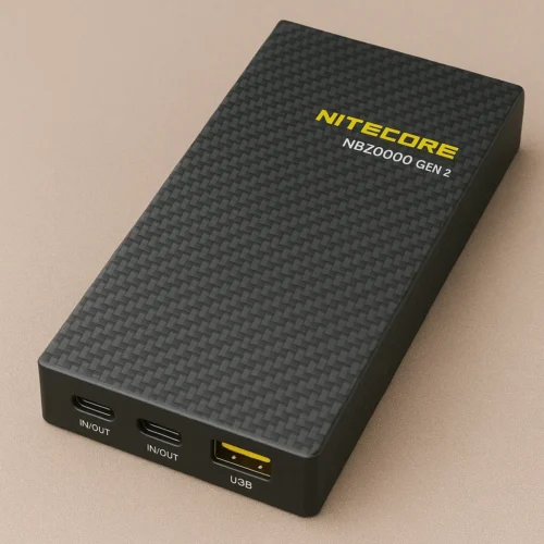 Nitecore NB20000 Gen 2 Power Bank with carbon fiber finish and USB-C ports