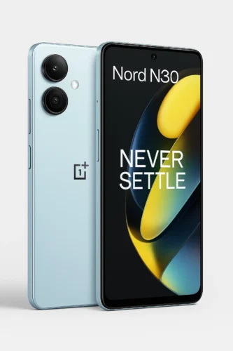 OnePlus Nord N30 5G in light blue with dual rear cameras and Never Settle screen
