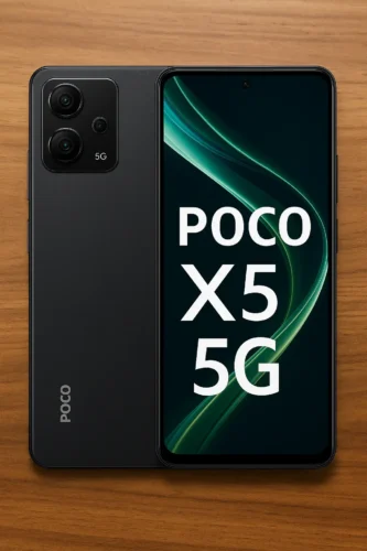 POCO X5 5G smartphone in matte black with triple camera setup and vibrant green display