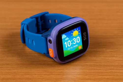 PTHTechUS kids smartwatch with blue band and purple case on wooden surface – SOS button and colorful display visible