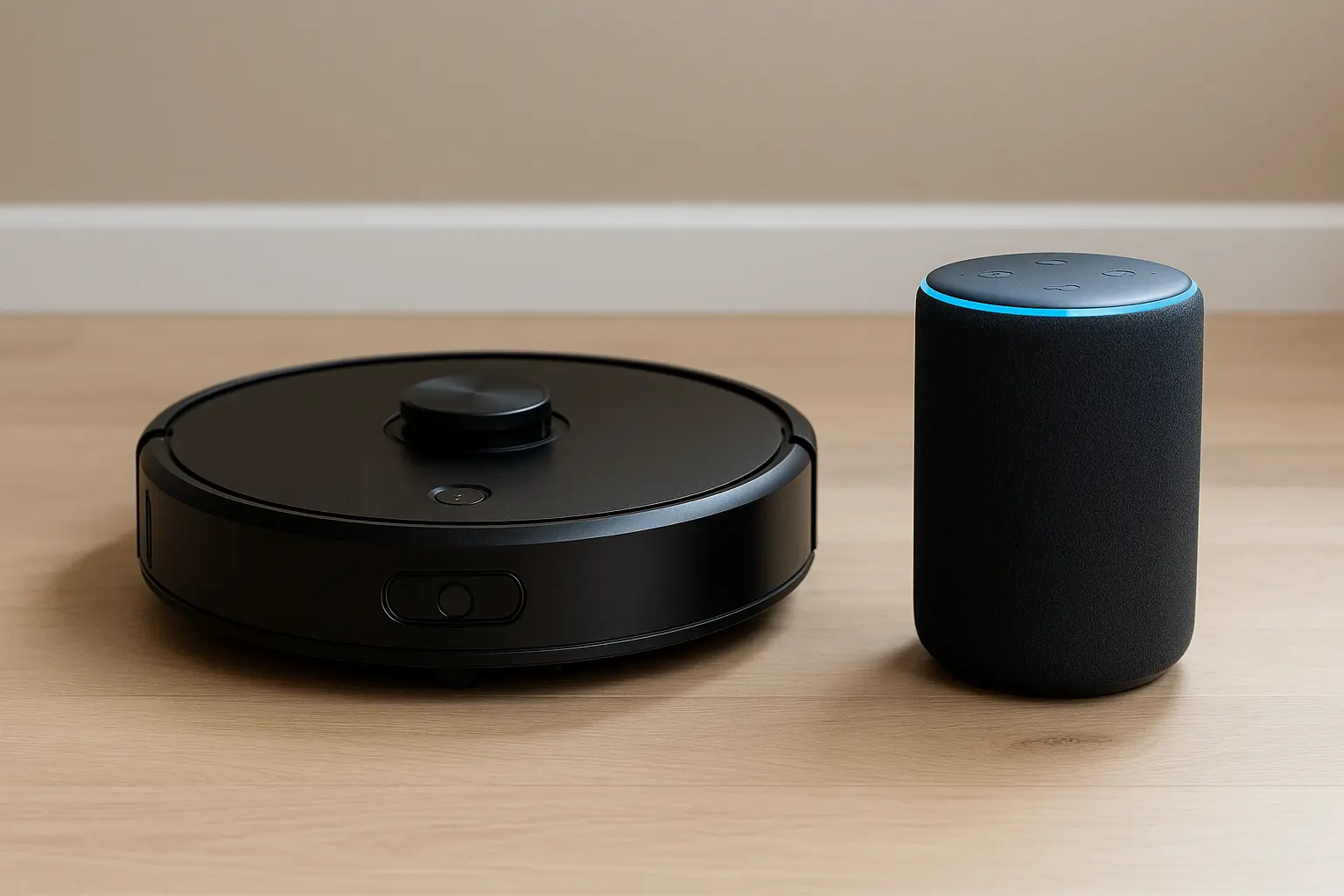 Modern robot vacuum next to Amazon Alexa Echo speaker on hardwood floor