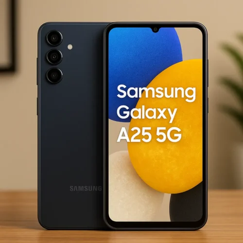 Samsung Galaxy A25 5G in navy blue with triple rear cameras and vibrant display
