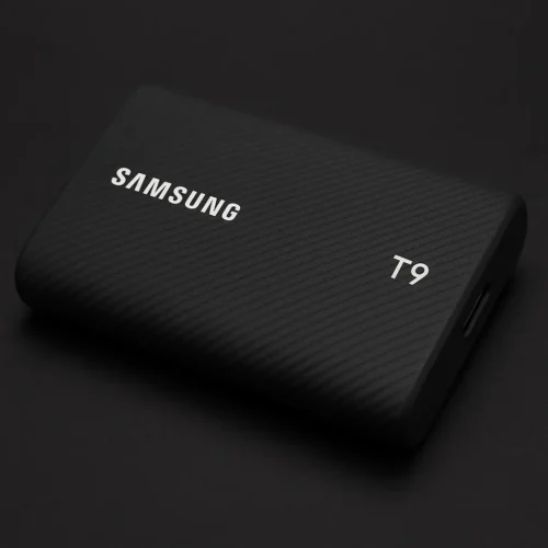 Samsung T9 Portable SSD with ribbed matte black design and USB-C port