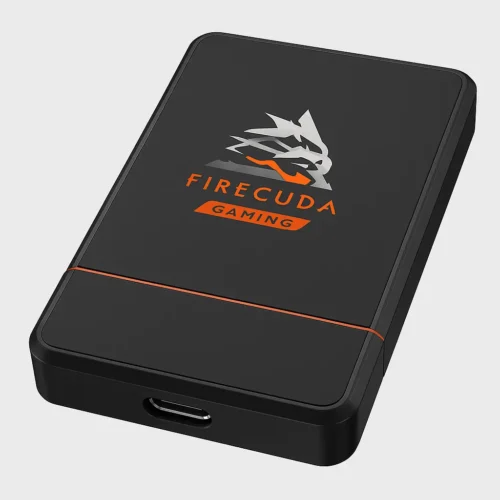 Seagate FireCuda Gaming SSD with black matte finish, orange accent, and USB-C port